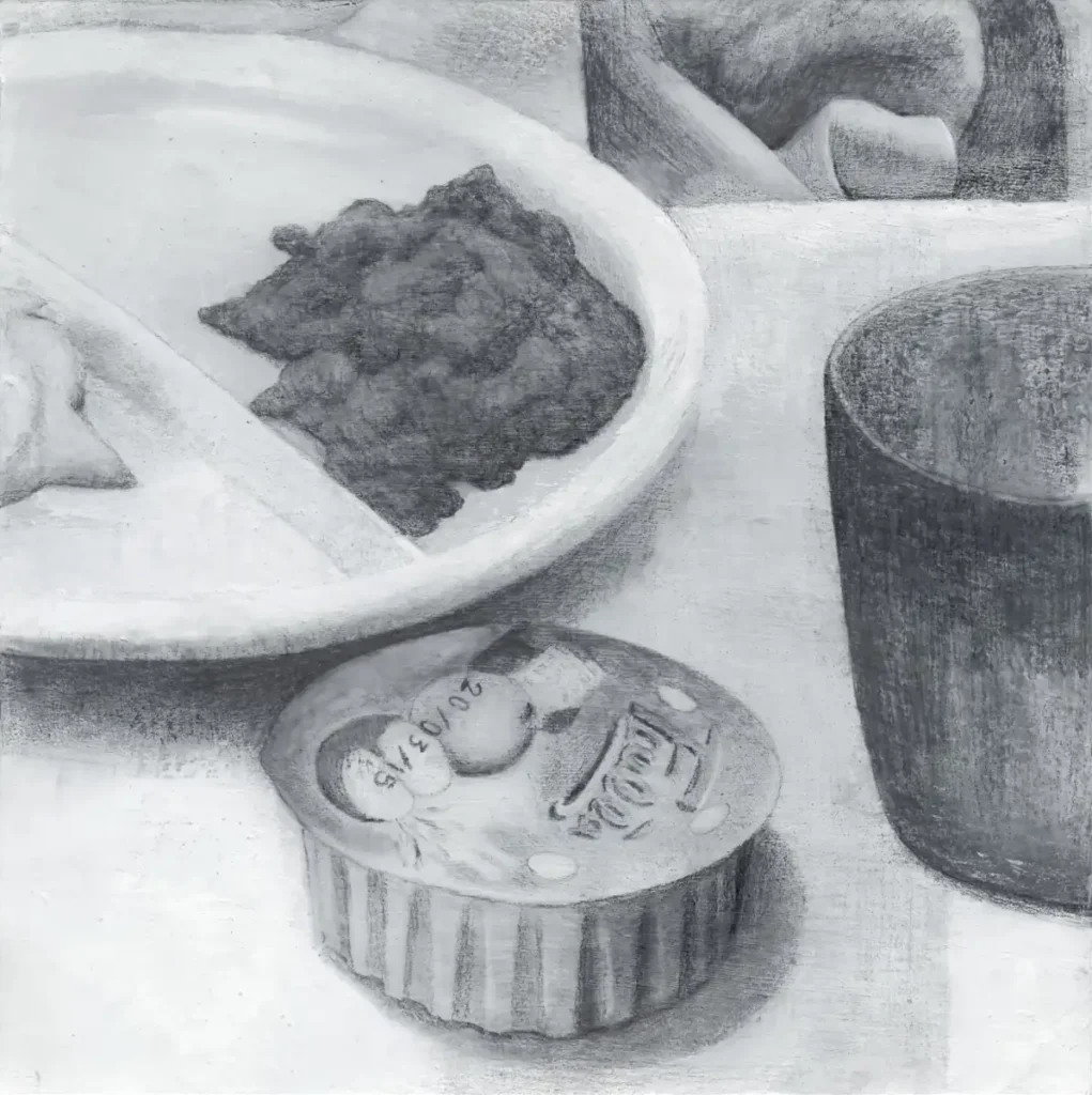Disegno dal titolo "Cena", studio di un dettaglio dell'opera "Nobody puts baby in a corner" del ciclo Cocci.